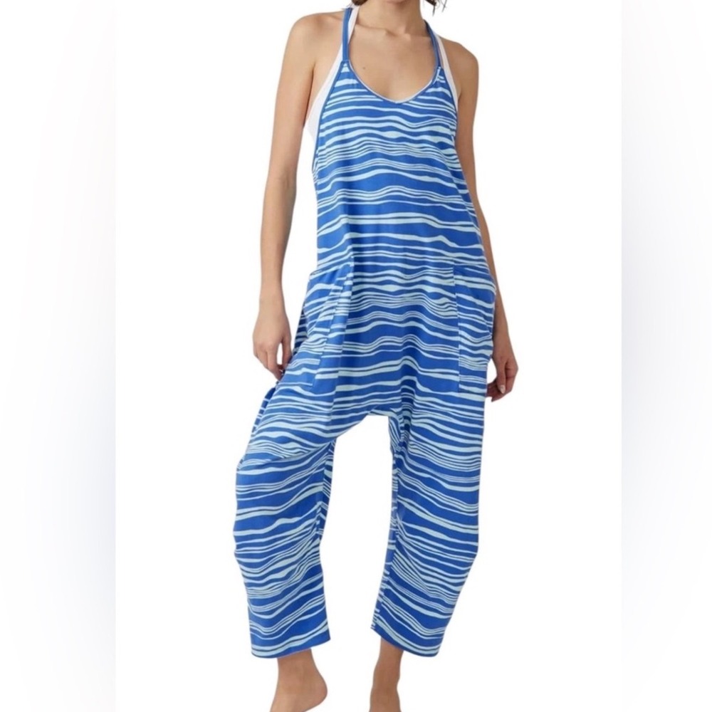 FP Movement Hot Shot Jumpsuit Blue White Wavy Stripe Relaxed Small Athleisure